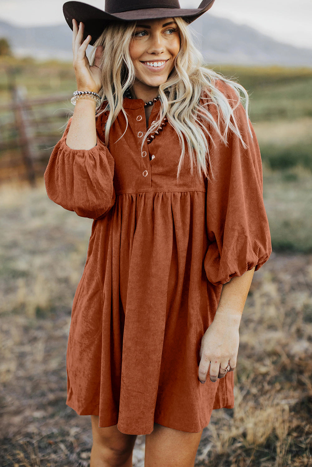 Chic gold flame corduroy dress with snap buttons and bracelet sleeves