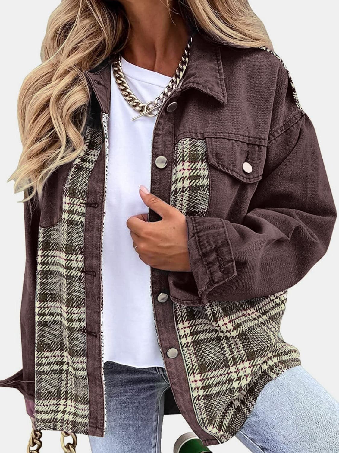 Plaid Button Up Dropped Shoulder Jacket.