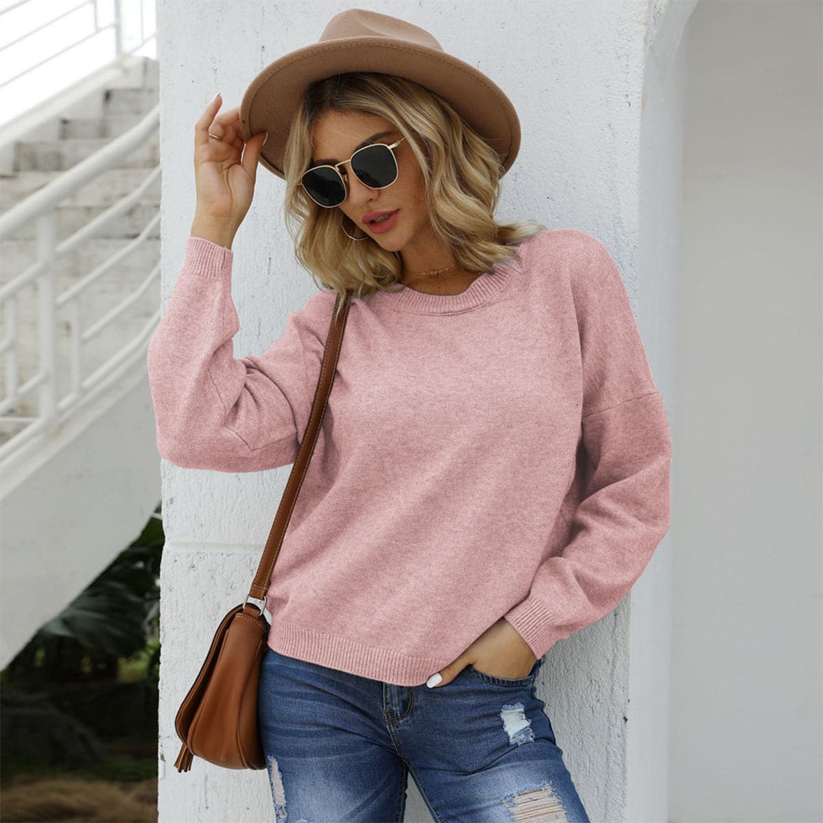 Round Neck Long Sleeve Drop Shoulder Sweater.