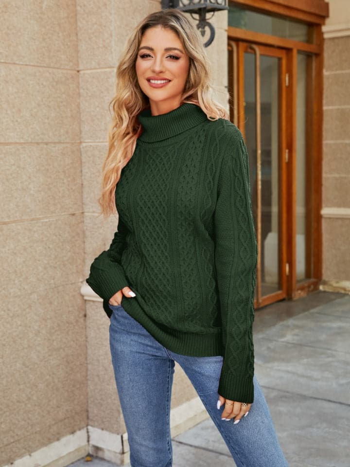 Cable-Knit Mock Neck Sweater.