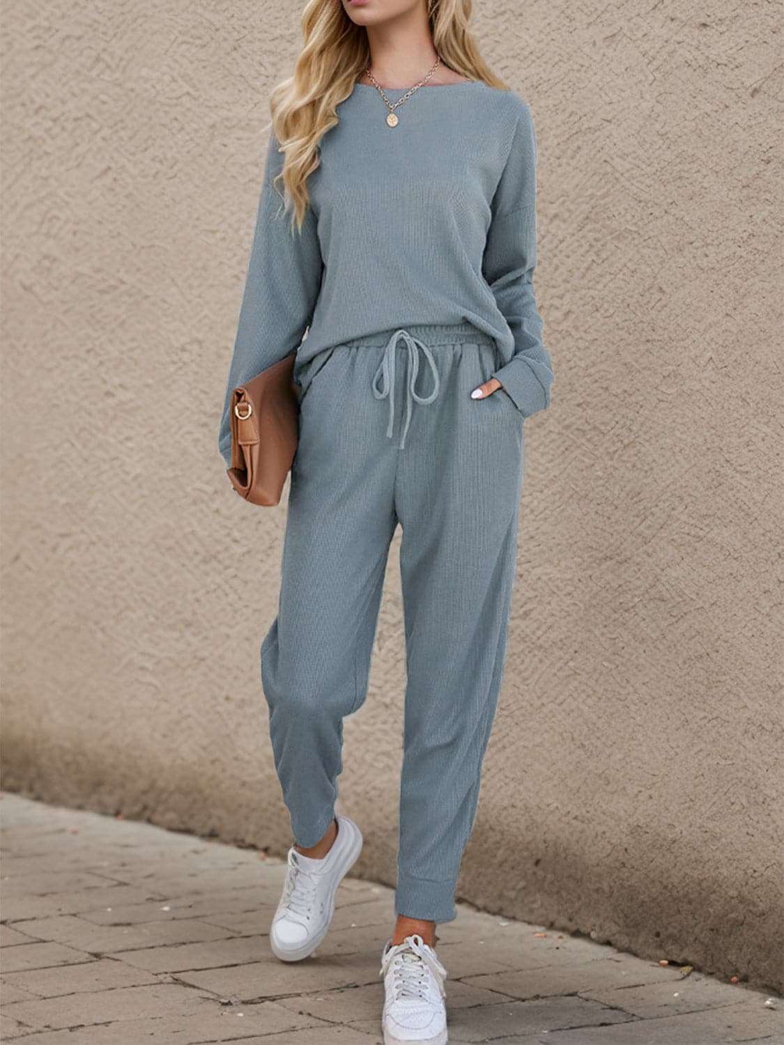 Round Neck Top and Drawstring Pants Set.