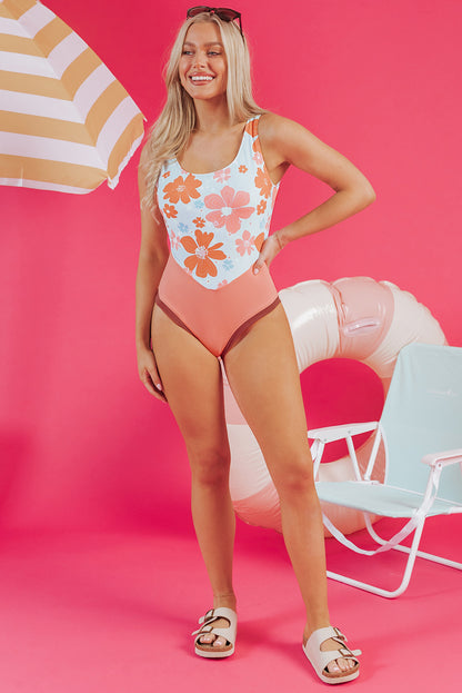 Backless Orange Floral Monokini with Patchwork Design