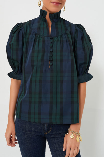 Chic Green Striped Plaid Puff Sleeve Blouse with Frilled Trim