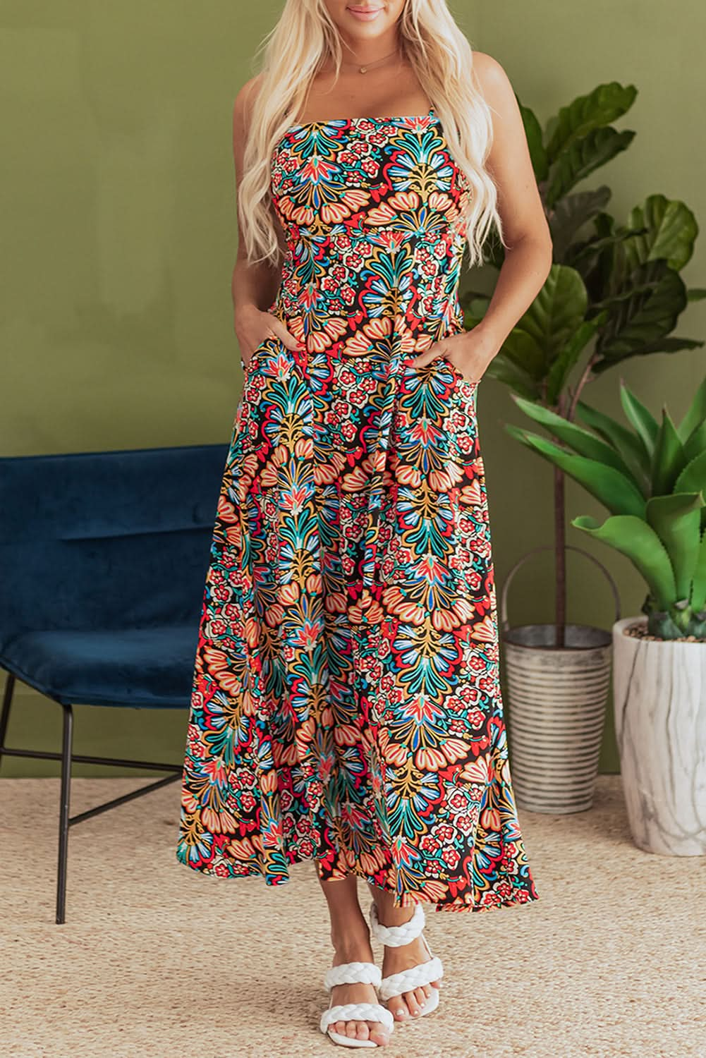 Chic Black Floral Print High Waist Boho Maxi Dress with Thin Straps