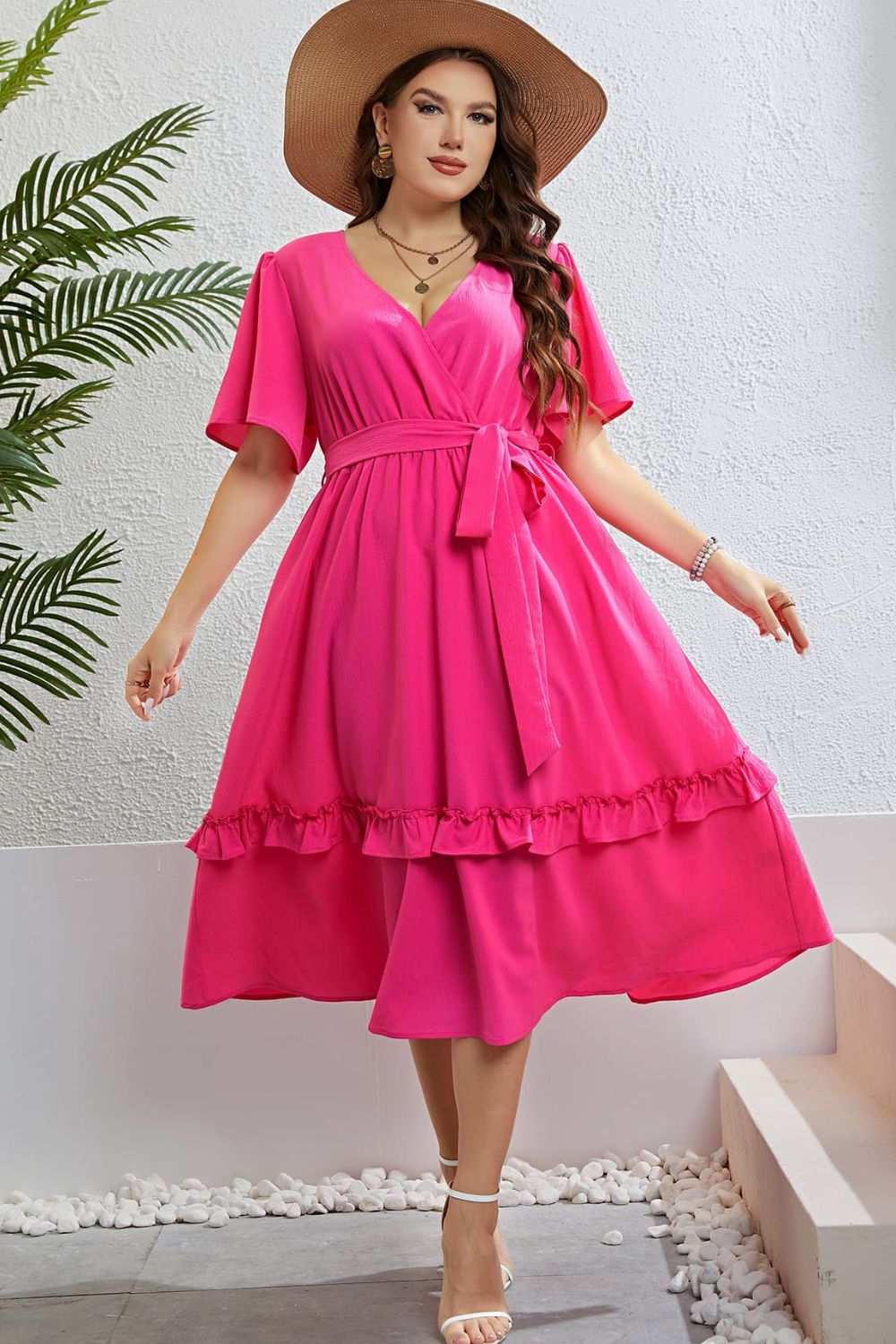 Belted Frill Trim Flutter Sleeve Dress Divine Design4U