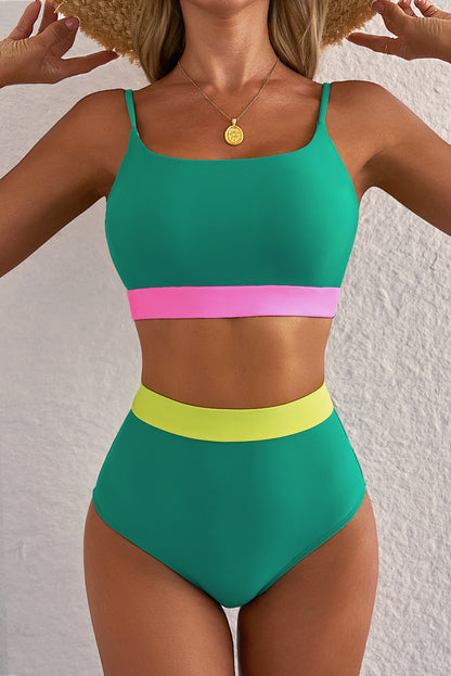 Sea Green Colorblock High-Waisted Bikini with Contrast Trim