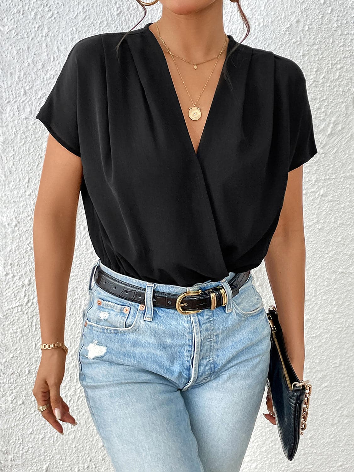 Surplice Short Sleeve Ruched Bodysuit.