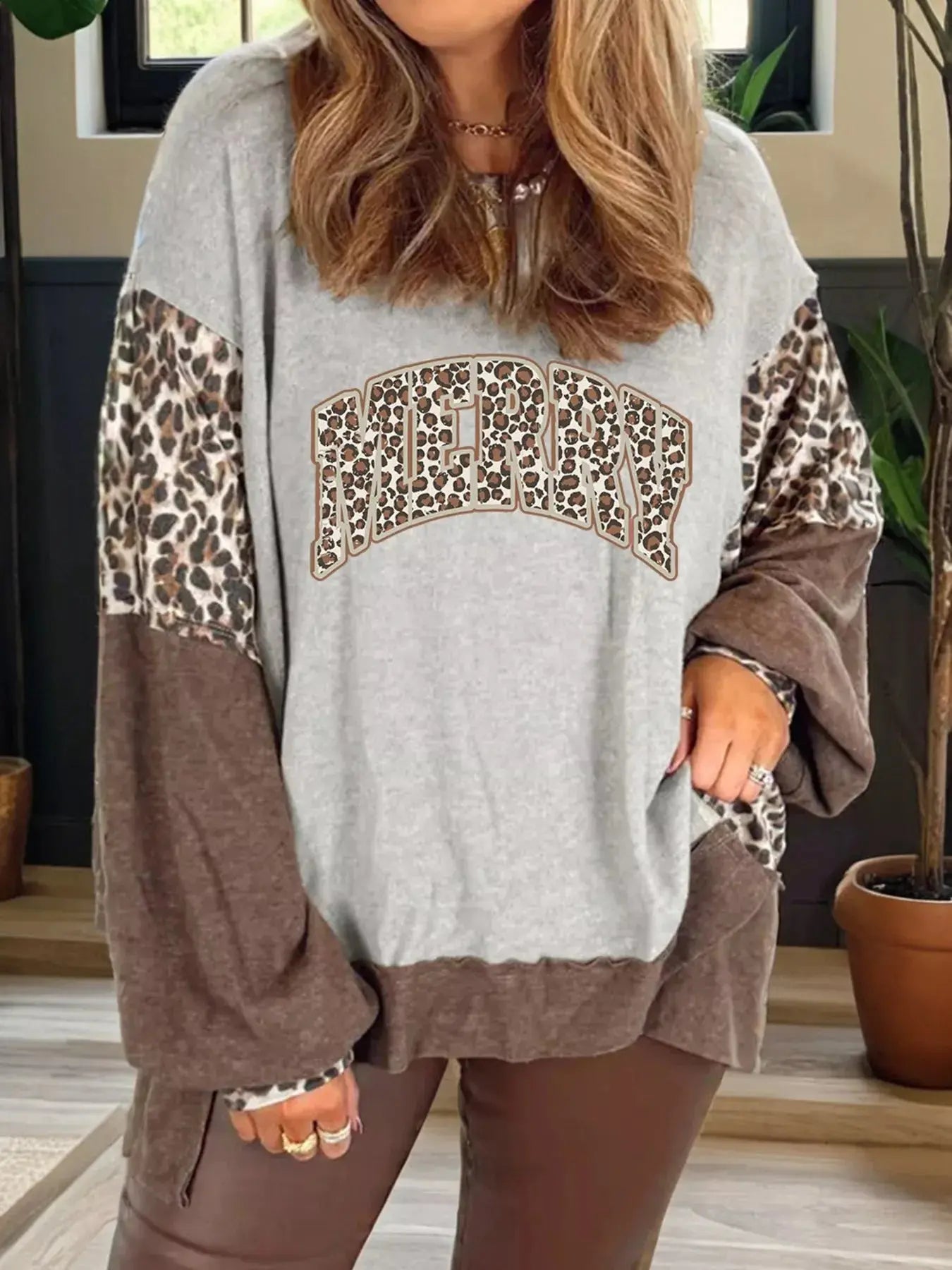 Color Block Leopard Contrast Letter Graphic Christmas Sweatshirt Simply Love