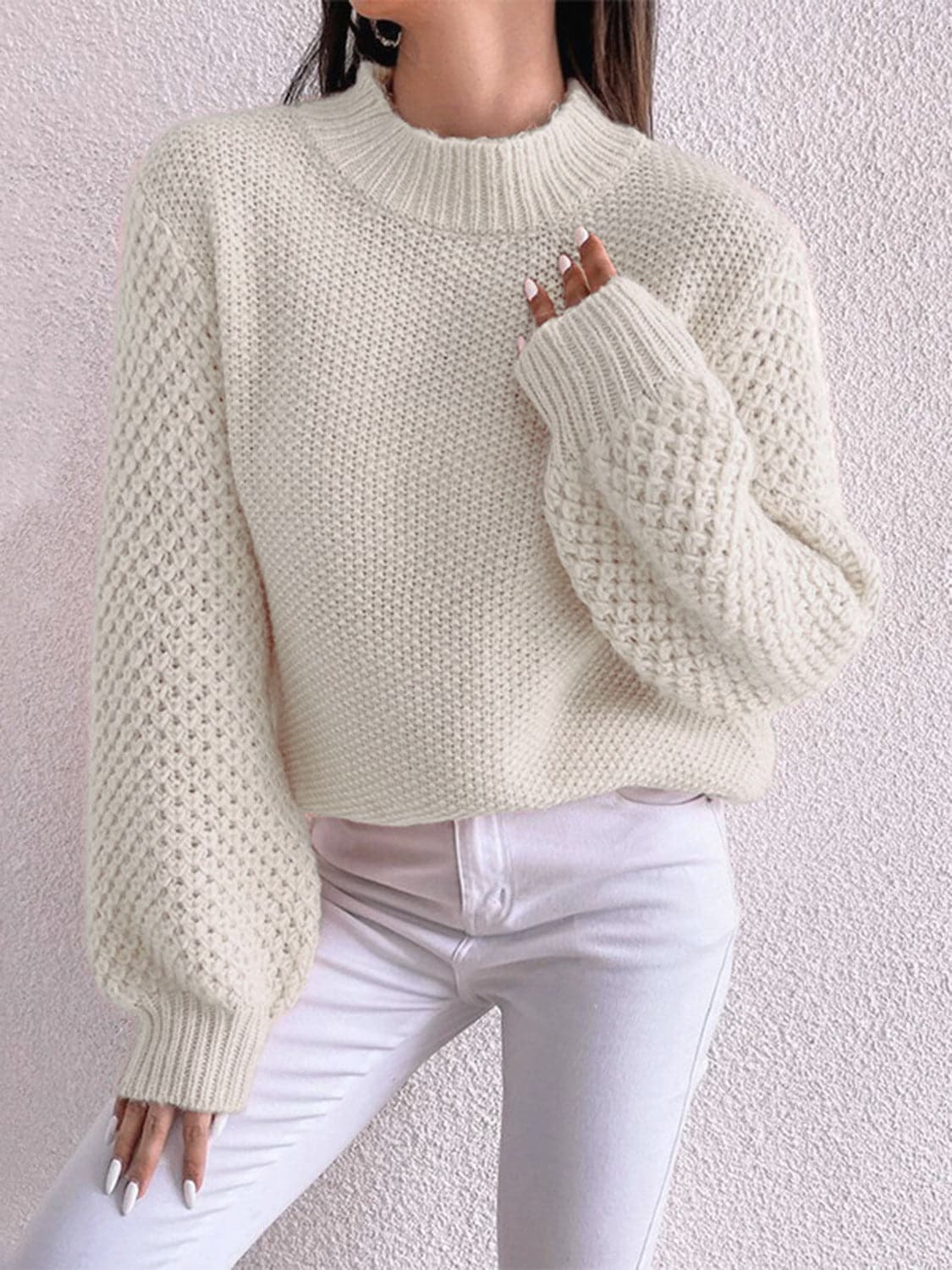 Openwork Mock Neck Long Sleeve Sweater.