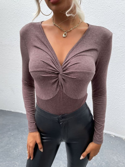 Twist Front V-Neck Long Sleeve Bodysuit.