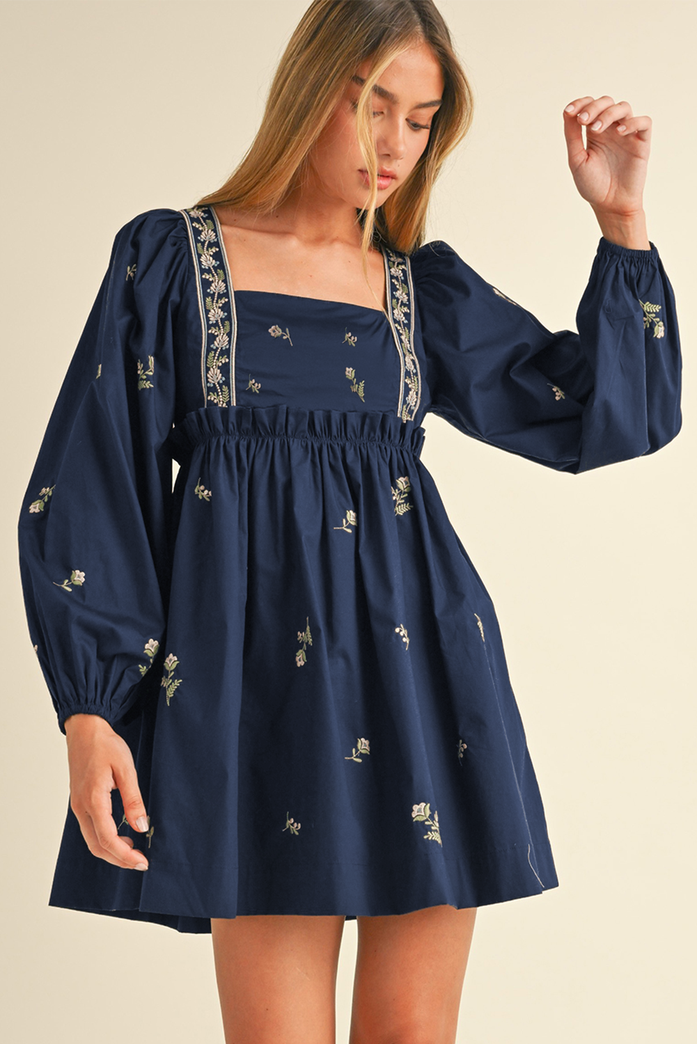 Embroidered Blue Floral Mini Dress with Puff Sleeves and Ruffled Hem