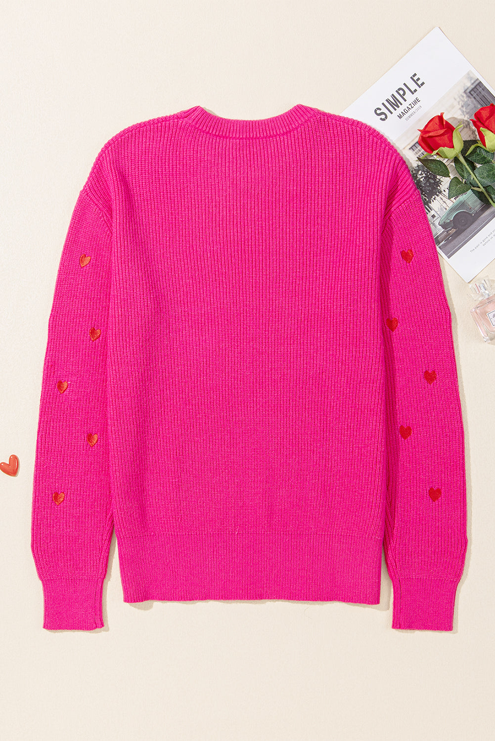 Rose Red Heart Shape Drop Shoulder Round Neck Sweater