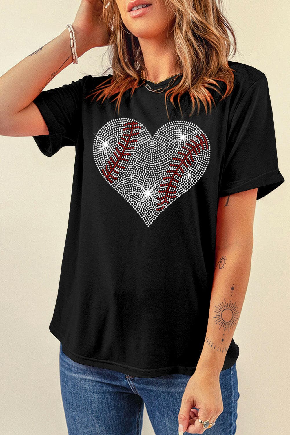 Rhinestone Heart Round Neck Short Sleeve T-Shirt.