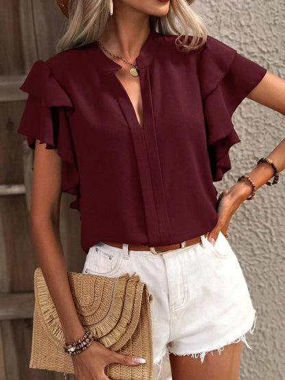 Ruffle Sleeve Notched Blouse