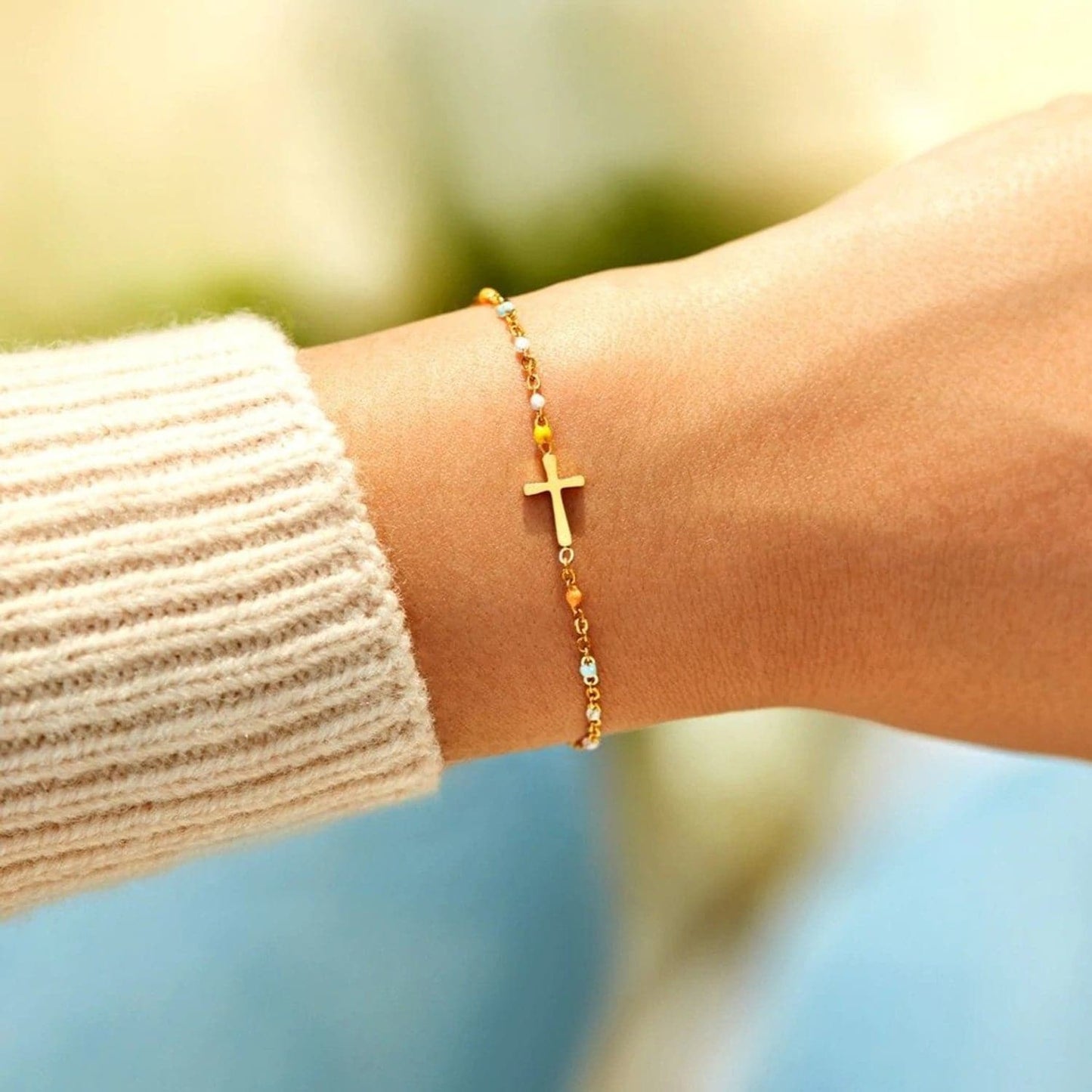 18K Gold-Plated Cross Bead Bracelet.