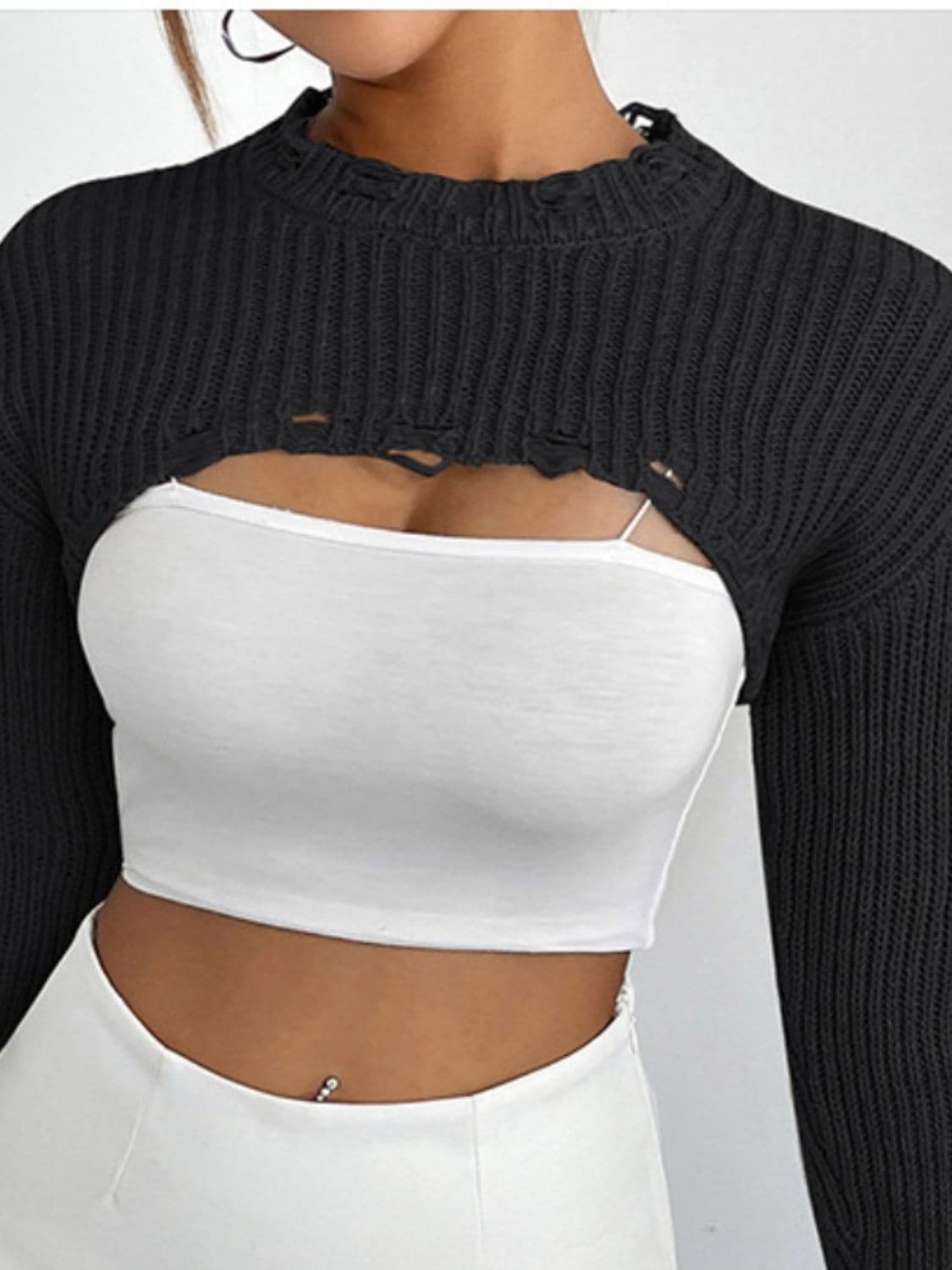 Distressed Long Sleeve Cropped Sweater.