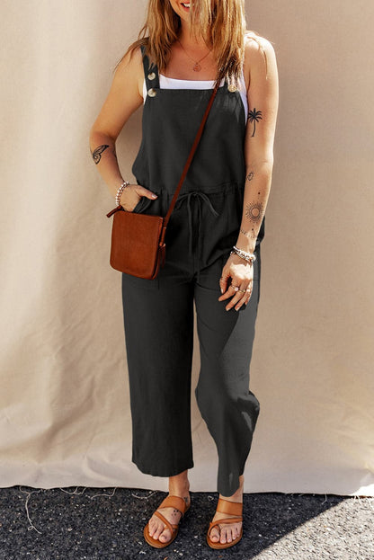 Drawstring Wide Strap Overalls with Pockets.