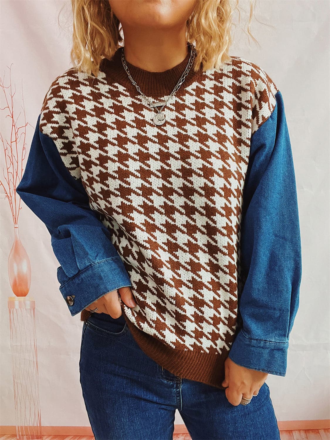 Houndstooth Denim Sleeve Sweater.