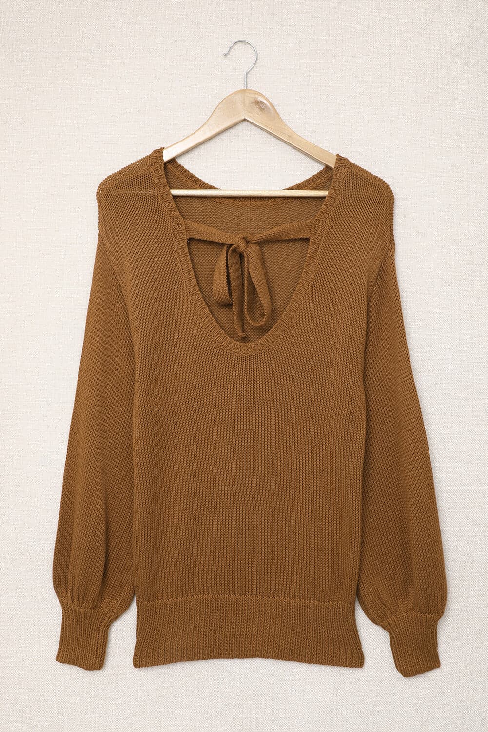 Double Take Tied Balloon Sleeve Round Neck Sweater.