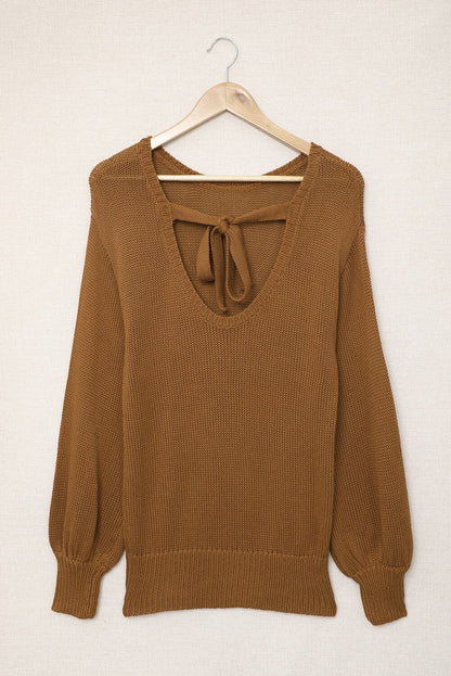 Double Take Tied Balloon Sleeve Round Neck Sweater.