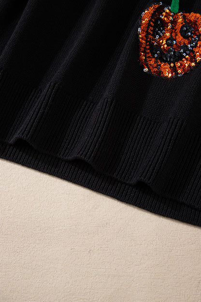 Chic black plus size sequined pumpkin sweater for Halloween celebrations