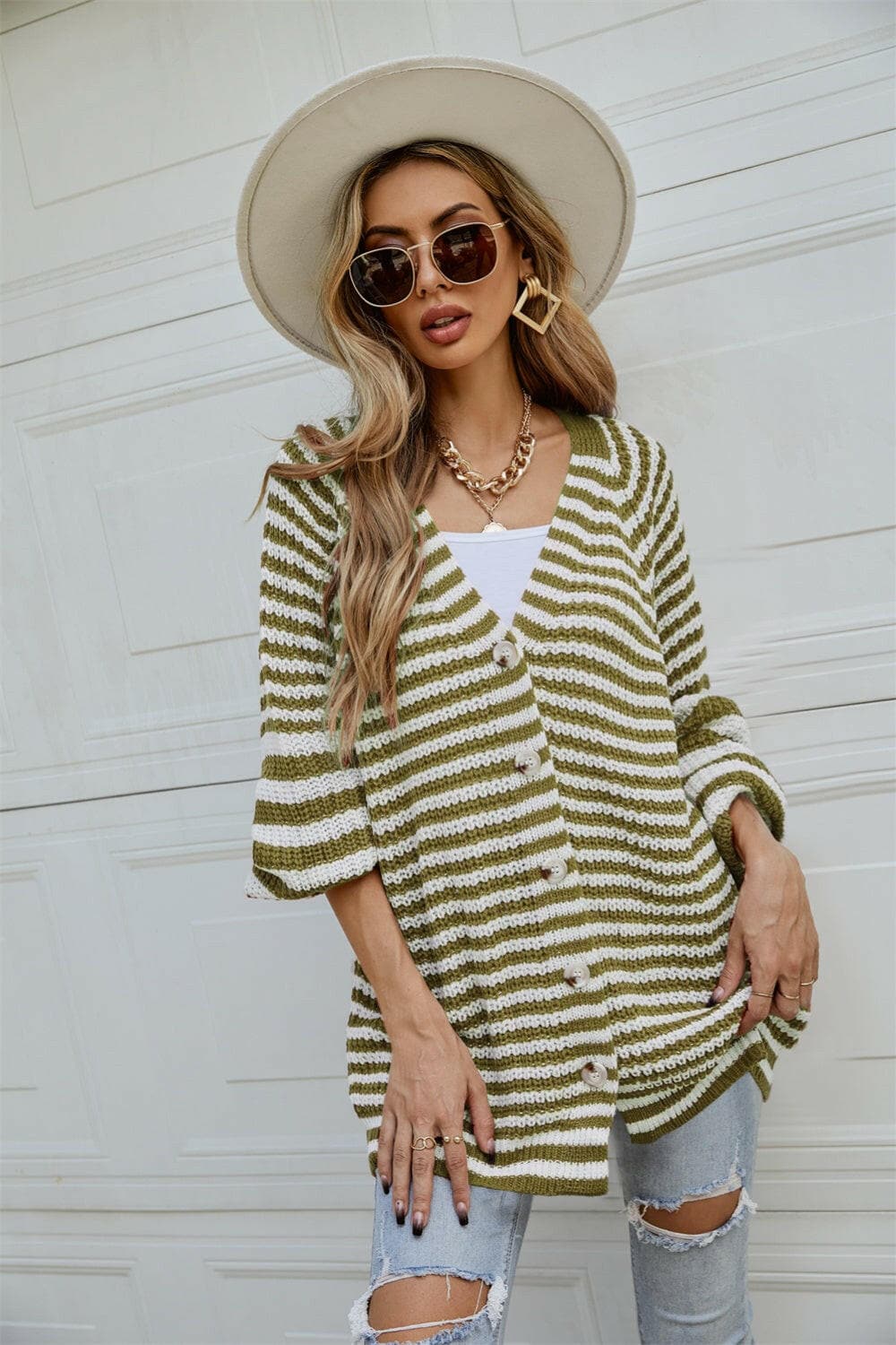 Striped Button Up Long Sleeve Cardigan.