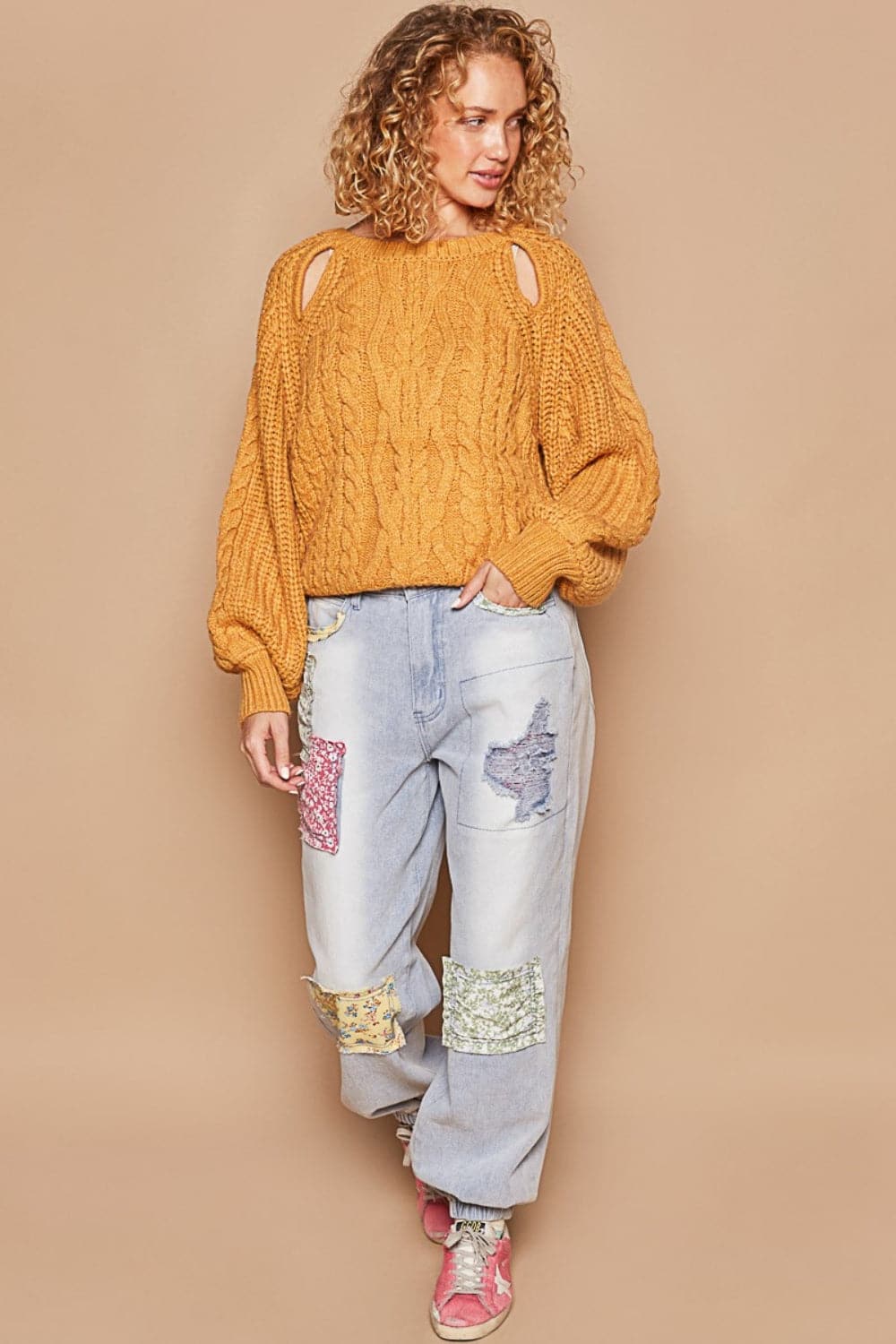 POL Cable Knit Cutout Long Sleeve Sweater.