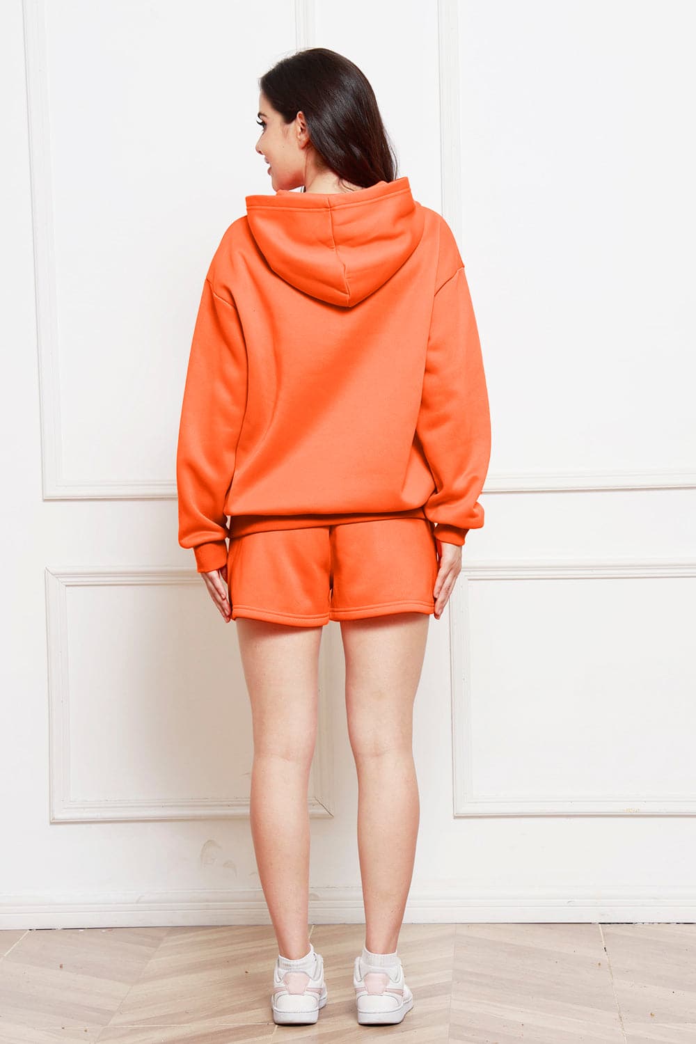 Drop Shoulder Long Sleeve Hoodie and Shorts Set.