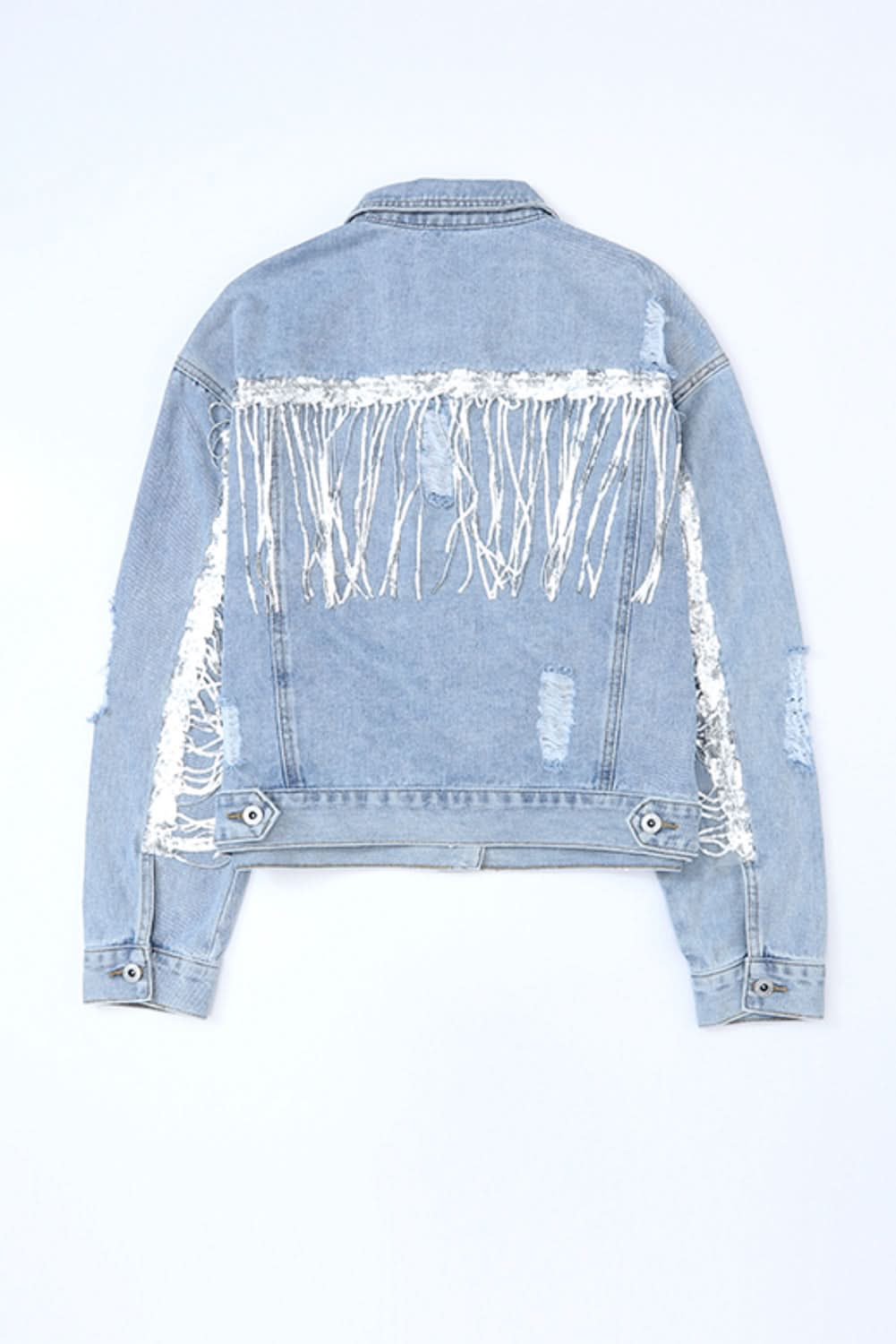 Sequin Fringe Trim Distressed Button Up Denim Jacket