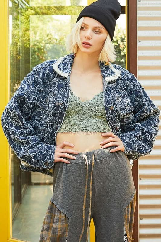 Floral Embellished Raw Hem Long Sleeve Denim Jacket