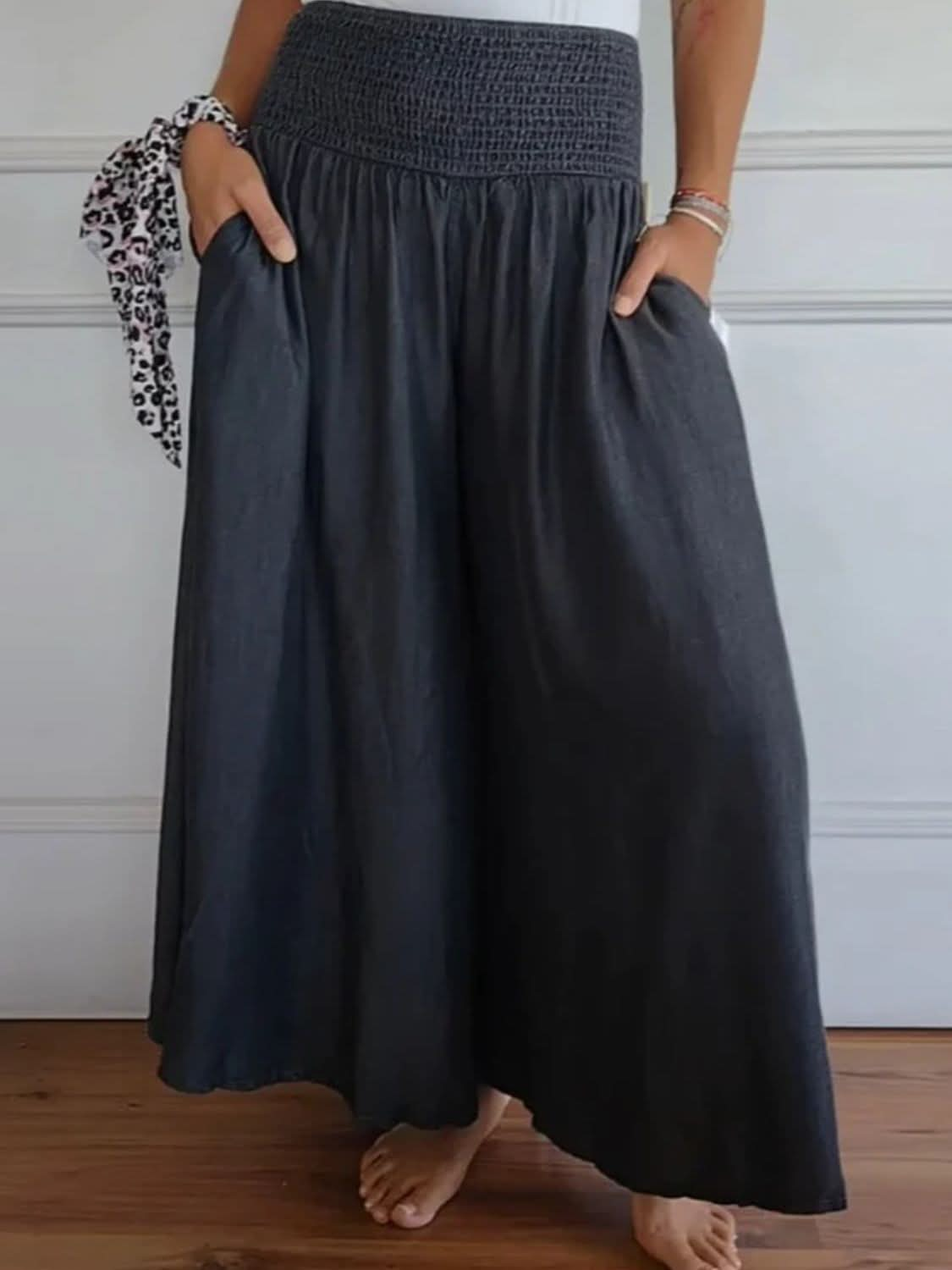 Smocked Wide Leg Pants with Pockets in Full Size