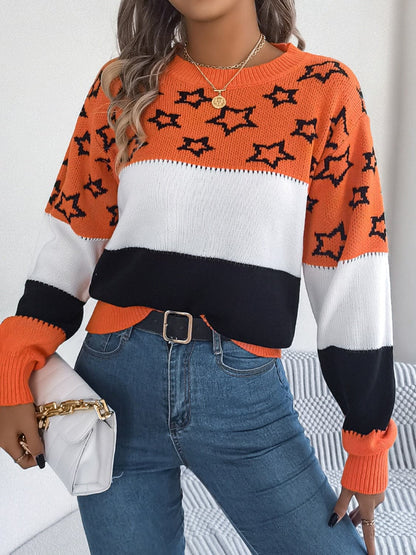 Star Contrast Round Neck Sweater.