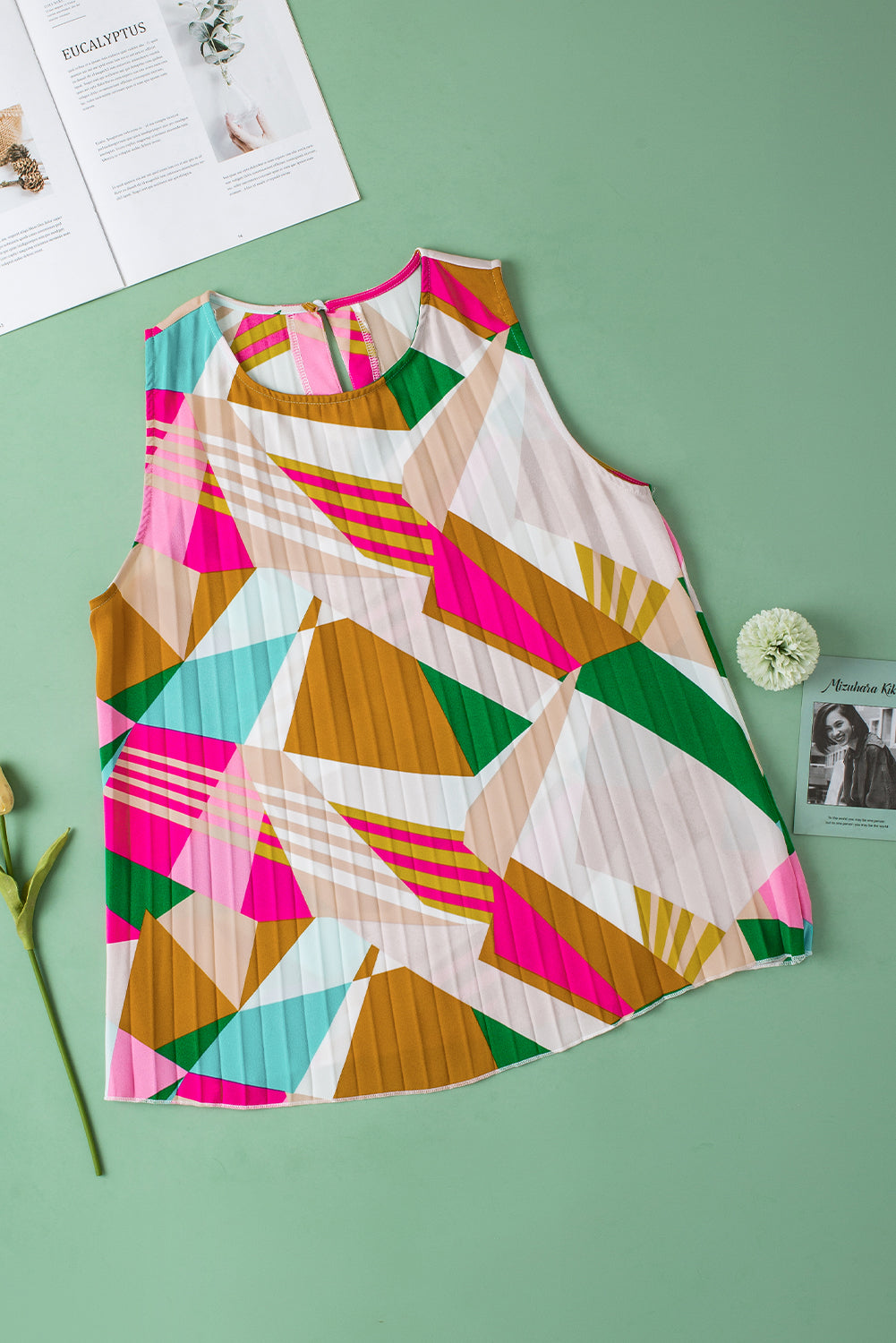 Vibrant geometric print pleated tank top for effortless style