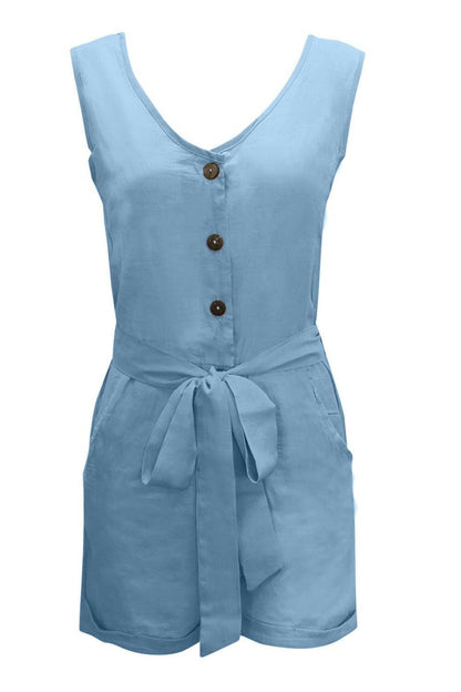 Full Size Tied V-Neck Sleeveless Romper with Pockets.