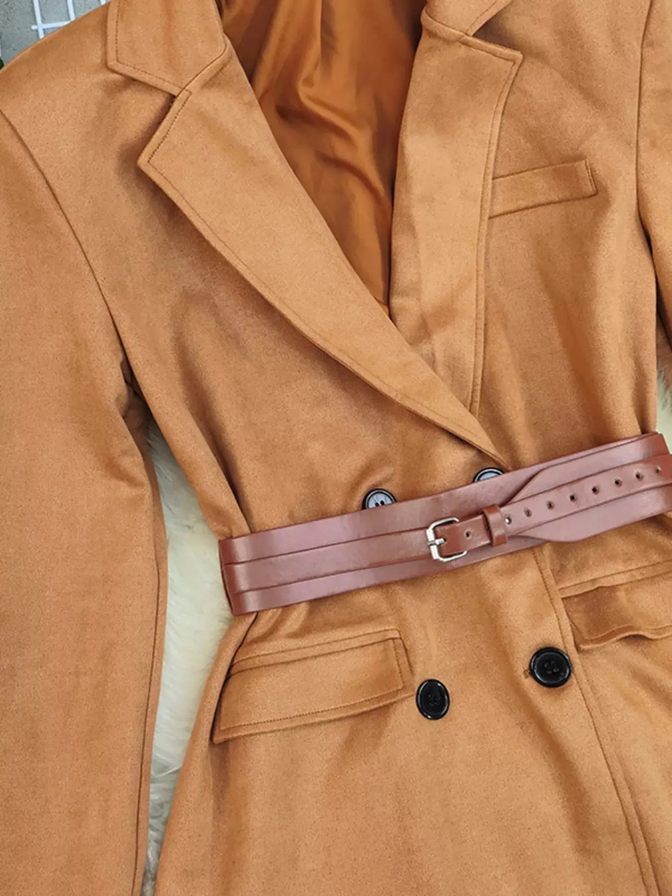 Women's Belted Double Breasted Blazer With Lapel Collar Camel Simply Love