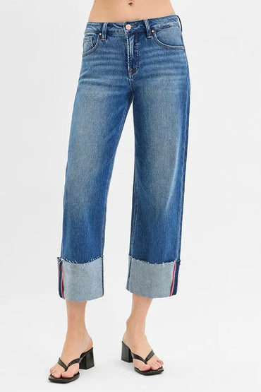Risen Full Size Tummy Control Mid Rise Crop Wide Cuffed Jeans Plus Size - Love Salve 