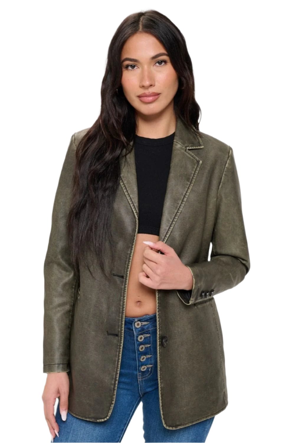 Coalition LA Single-Breasted Vegan Leather BlazerThis single-breasted vegan leather blazer offers a sleek and stylish look. Made from cruelty-free materials, it's a chic and ethical choice. Perfect for adding a touLove Salve Coalition LA Single-Breasted Vegan Leather BlazerOuterwear