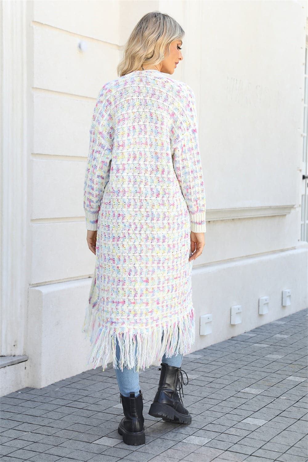 Multicolored Open Front Fringe Hem Cardigan.