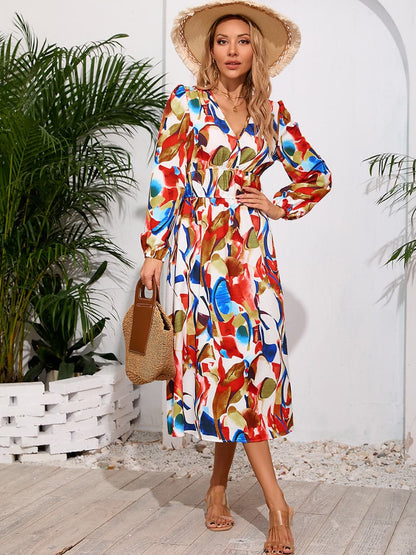 Printed Surplice Long Sleeve Midi Dress.