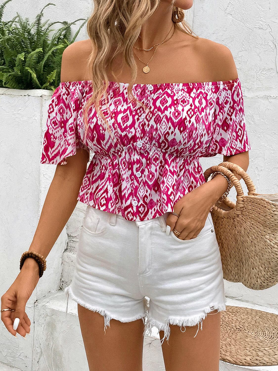 Peplum Printed Off-Shoulder Short Sleeve Blouse.