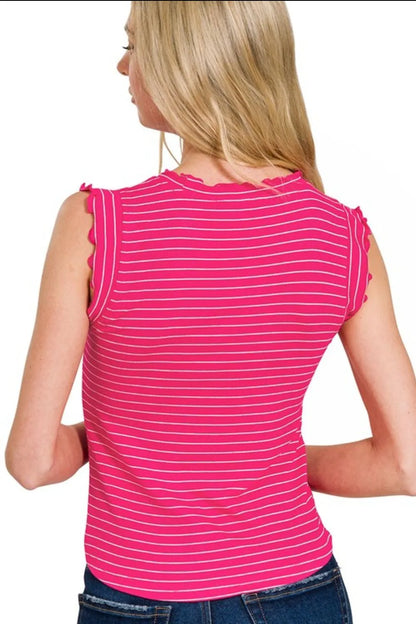 Zenana Ribbed Ruffle Trim Sleeveless Stripe Top - Love Salve 
