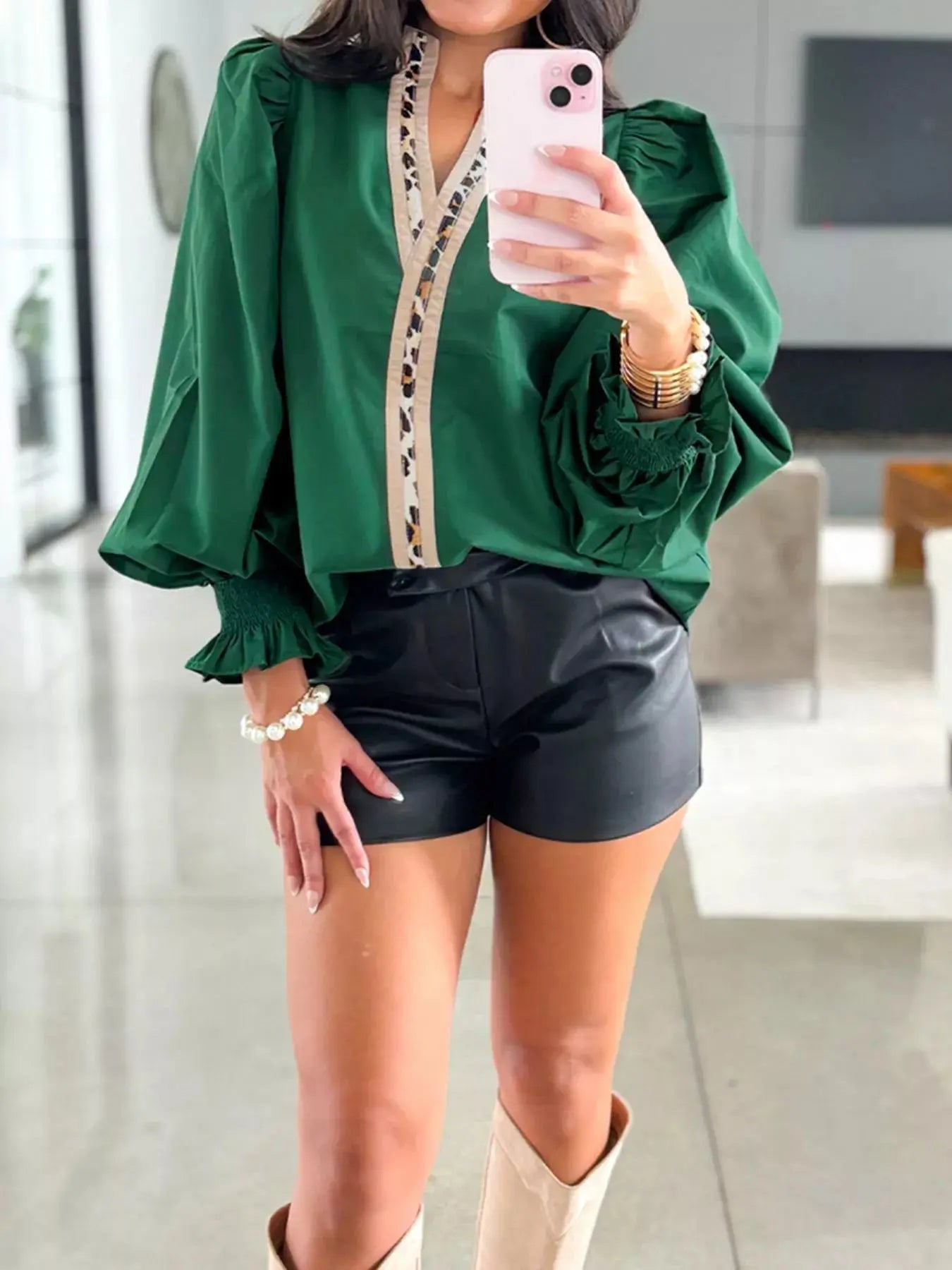 Puffy Flounce Sleeve Leopard Trim V Neck Blouse Simply Love