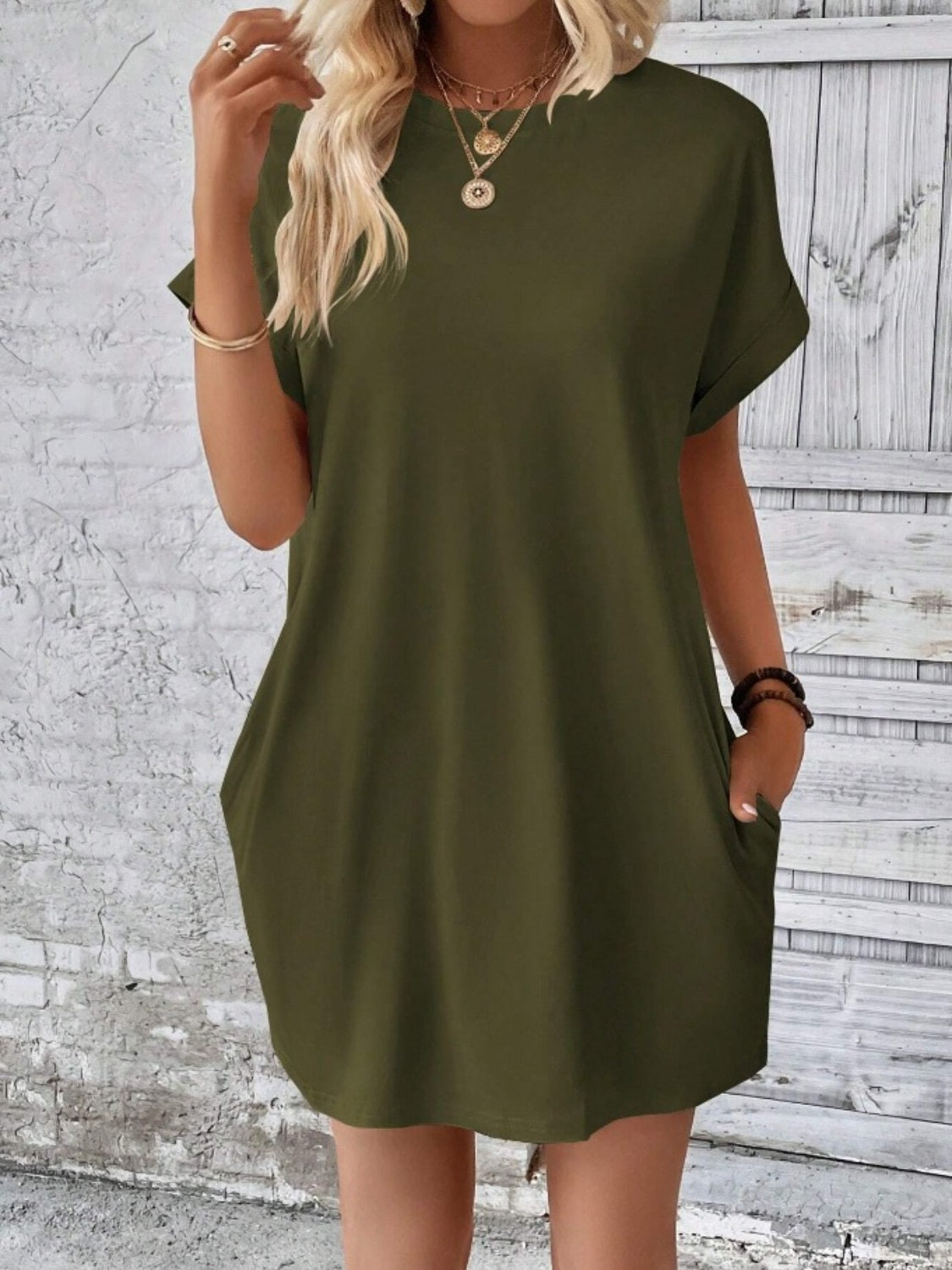 Pocketed Round Neck Short Sleeve Dress Coco’s Tee Boutique