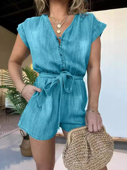 Full Size Tie Waist Cap Sleeve Denim Romper Plus Size