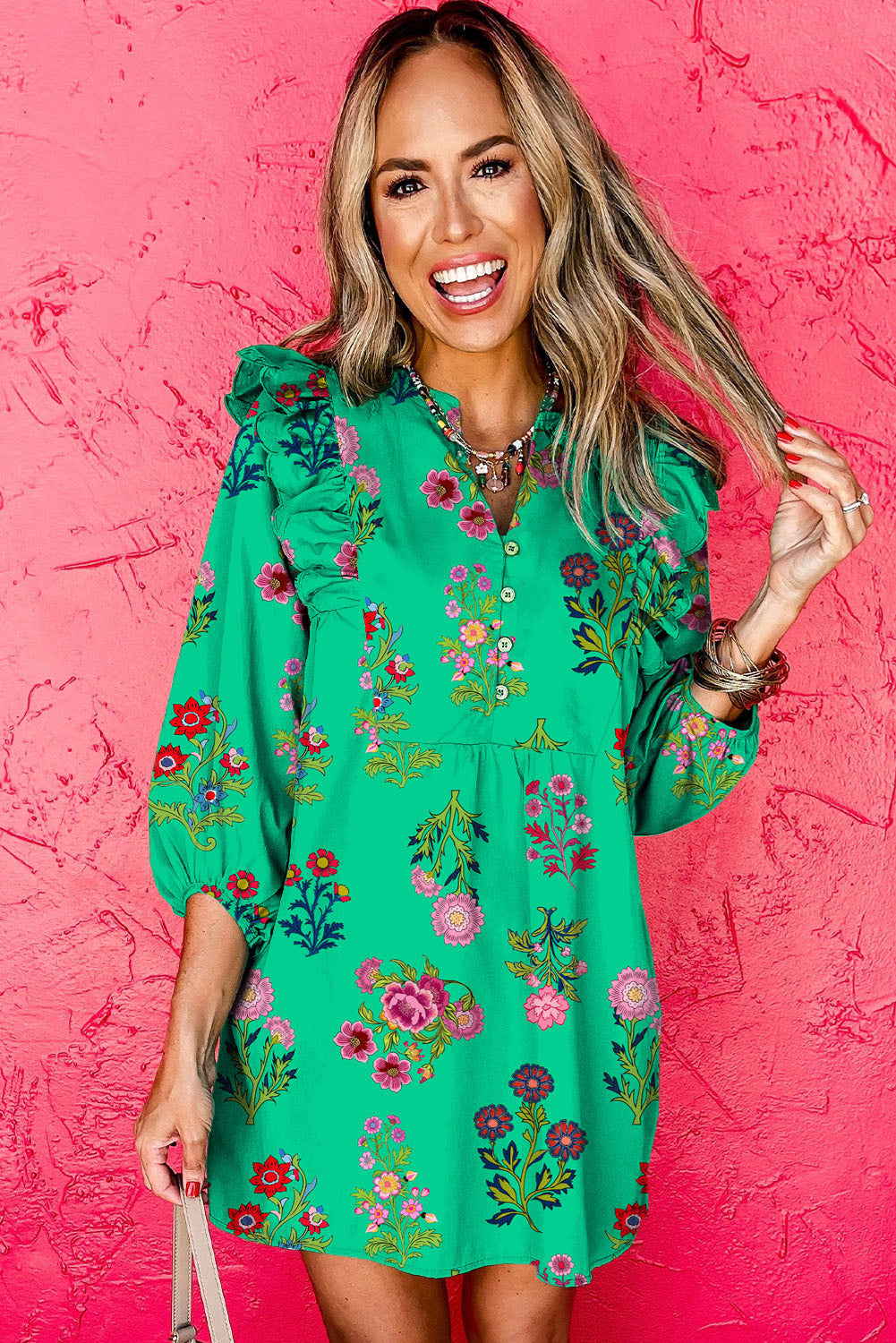 Premium Green Floral Ruffled Three Quarter Sleeve Buttoned Dress Dear-Lover Dropshipping