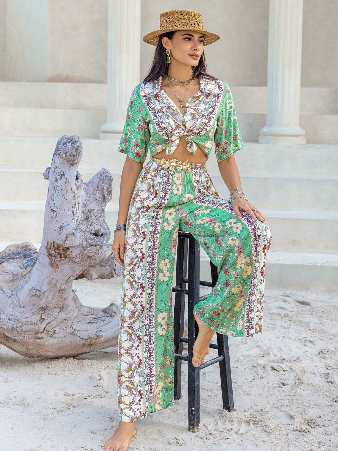 Printed Half Sleeve Top and Wide Leg Pants Set.