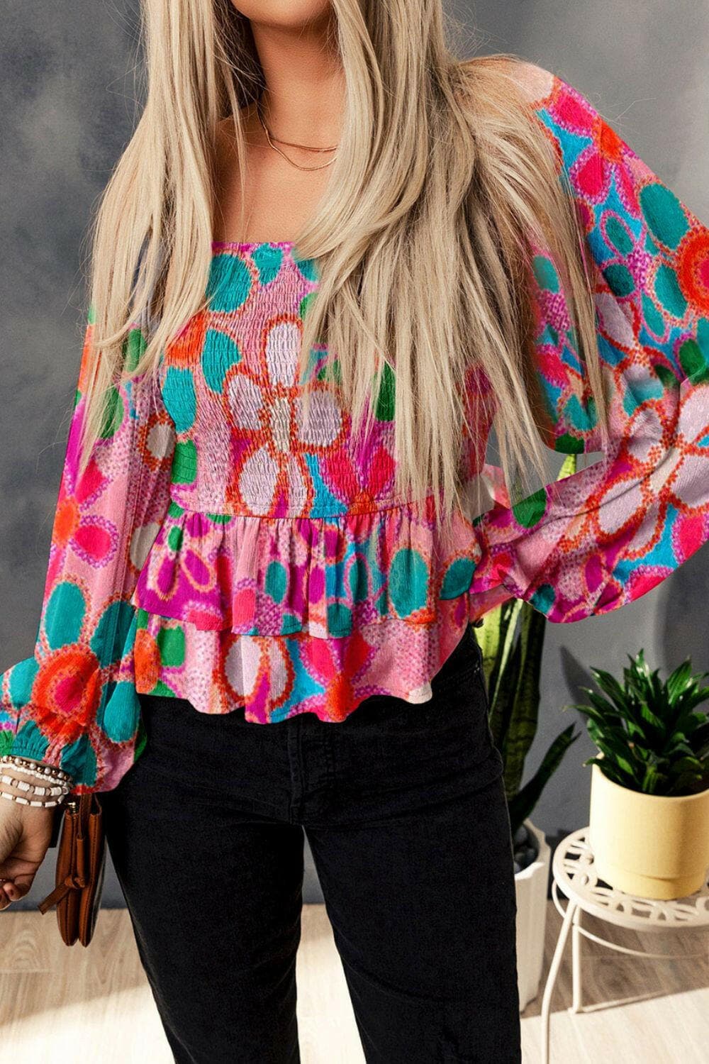 Floral Smocked Ruffled Balloon Sleeve Blouse.