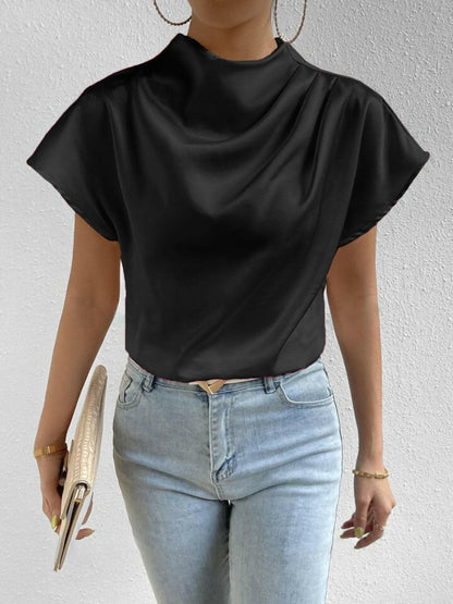 Ruched Mock Neck Short Sleeve Blouse.