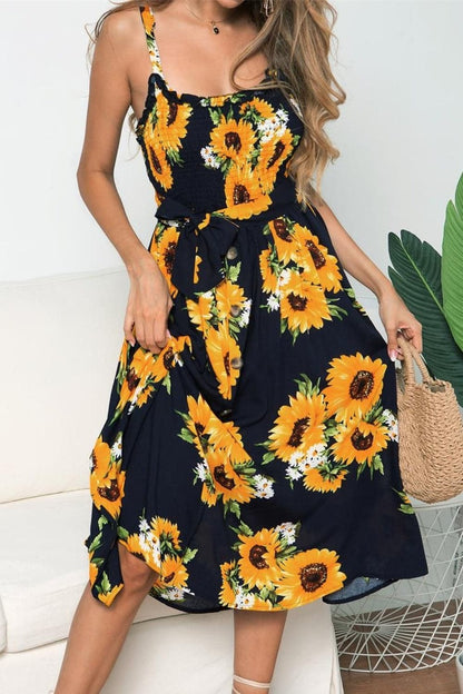 Smocked Sunflower Printed Sleeveless Cami Dress.