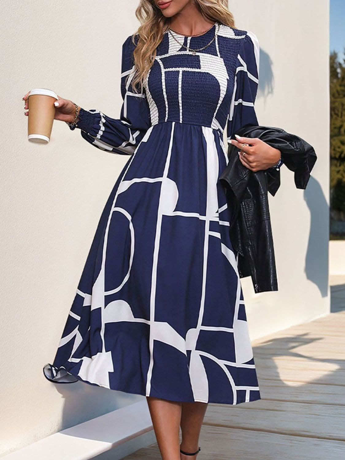 Smocked Color Block Long Sleeve Midi Dress.